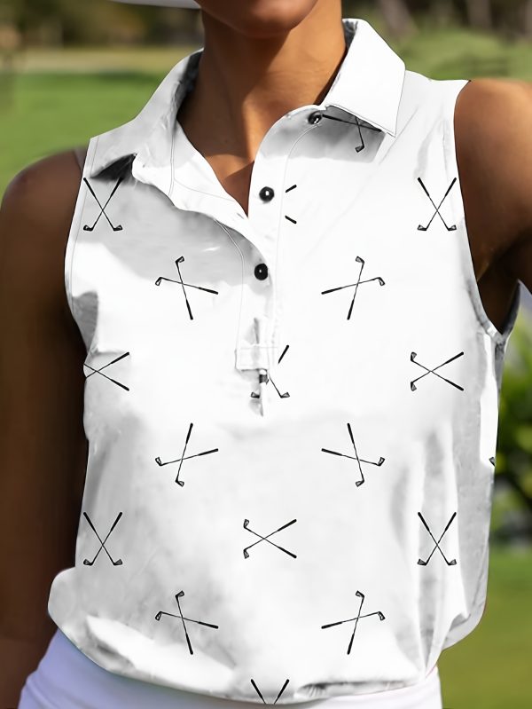 Women's Golf Print Sleeveless Button-Down Top, Casual Summer Shirt