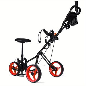 Goplus 3 Wheel Folding Push Pull Golf Cart Club Trolley w/Seat Scoreboard Bag Red Color