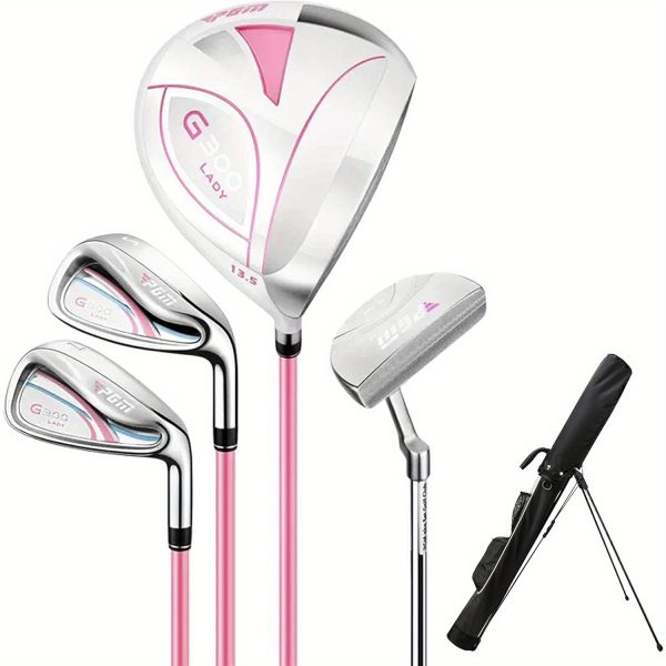 PGM Women's 4-Piece Golf Club Set - Pink or blue -1 Titanium Wood (#1), 2 Irons (#7, SW), 1 Putter with Golf Stand Bag - Right Handed - Low Center of Gravity