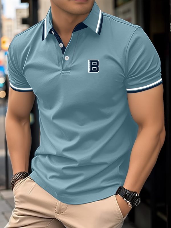 Men's Trendy Color Block Button-Up Short Sleeve Shirt with Letter Print for Summer and Golf