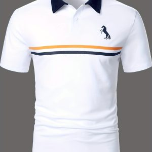 Stripe & Horse Print Men's Short Sleeve Polo Shirt for Golf and Casual Wear