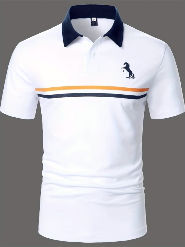 Stripe & Horse Print Men's Short Sleeve Polo Shirt for Golf and Casual Wear